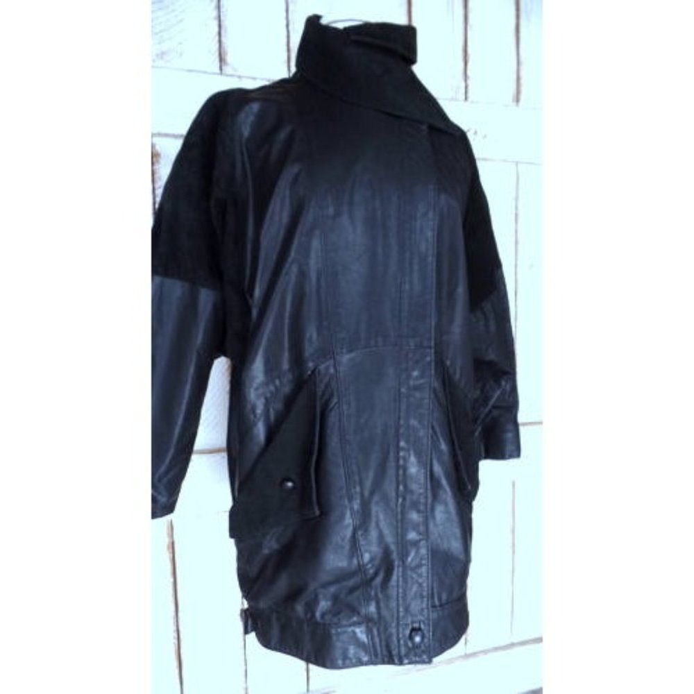 80s vintage black  suede leather Dolman sleeve long cocoon jacket/Gino di Giorgi - Picture 3 of 5